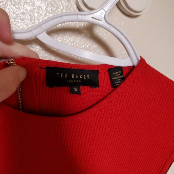 TED BAKER Scalloped Red Ribbed Sleeveless Party Dress Ted Sz 3 US 8 - Picture 7 of 11